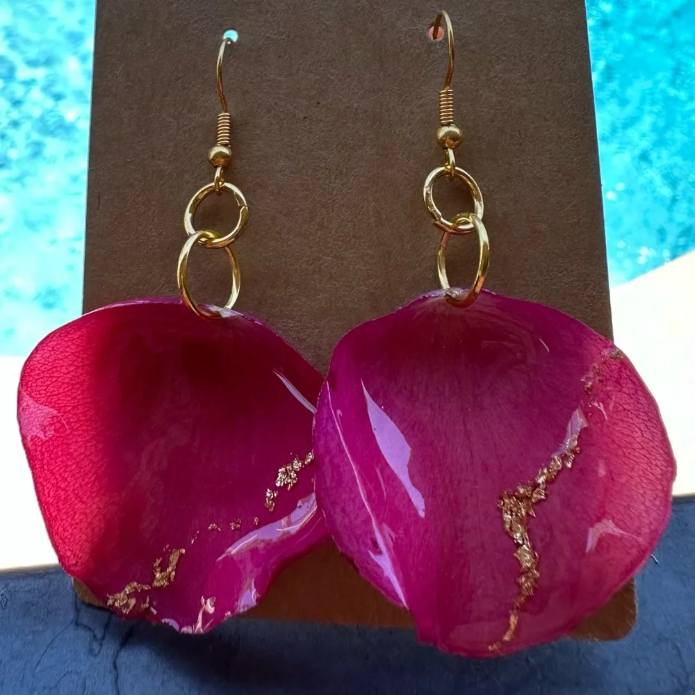 Original Pink Rose Petal Earrings with Gold Flake - Picture 1 of 5